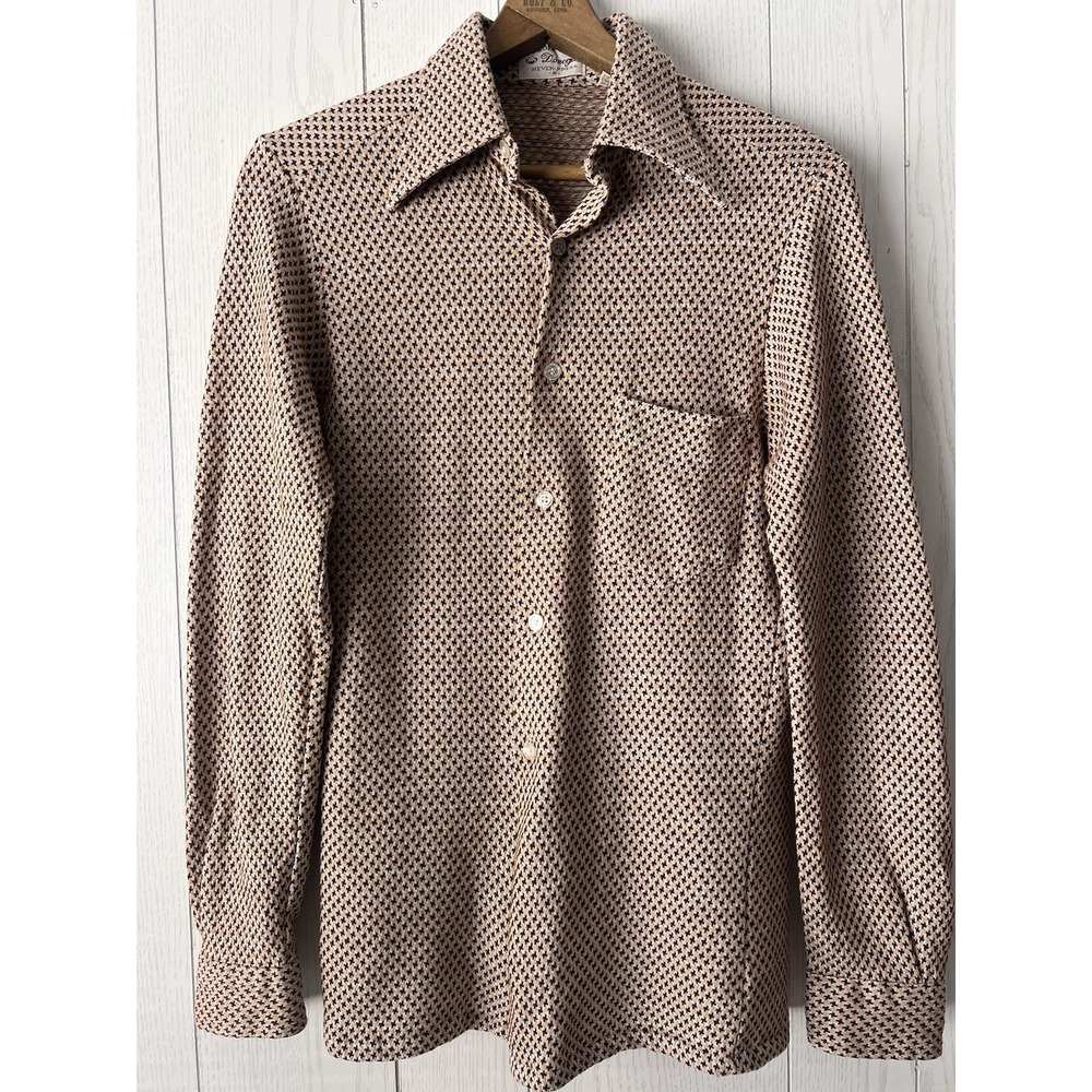 Vintage 1970s Donegal Knit Shirt Spear Point Western Disco Micro Print Long Slee - Picture 4 of 13